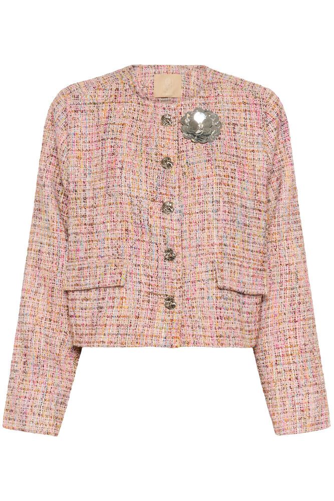 Kort jakke som passer perfekt til både dressbukser og jeans, dvs til både hverdag og fest. Sølvrosen kan taes av. Fine vårlige farger.