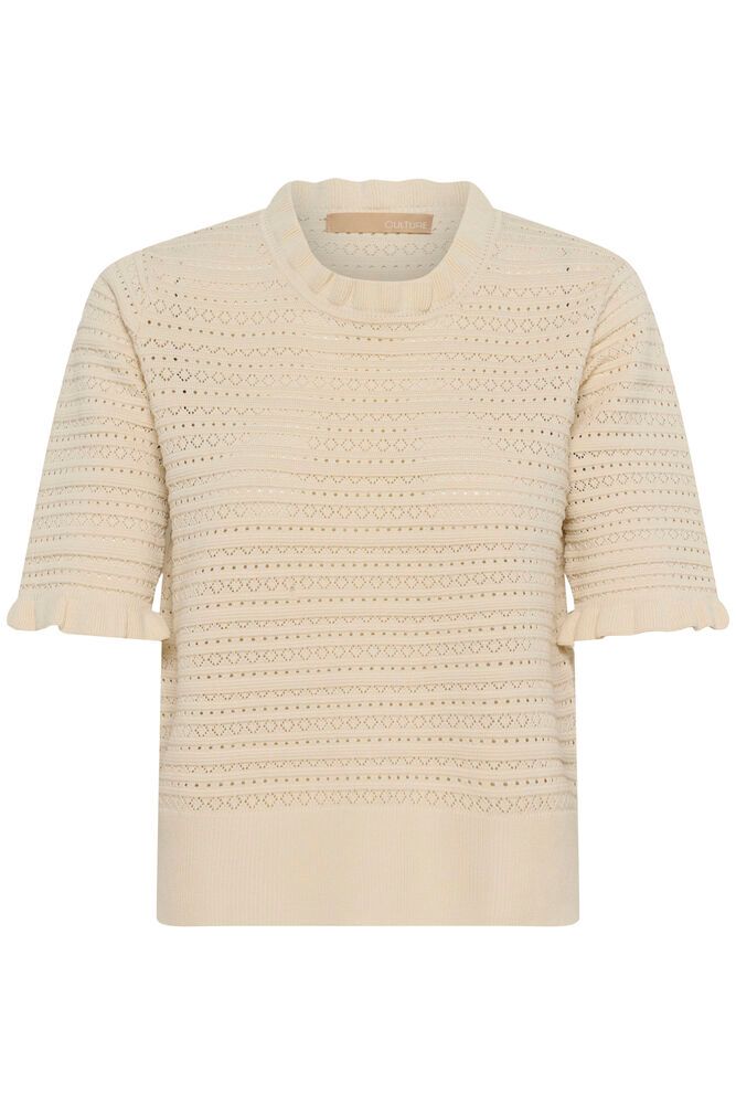 Stripete genser med korte ermer og rund hals. Genseren har elegant, rynkete kant langs halsen og ermene, og et subtilt print.&nbsp;

Materialsammensetning: 70 % Viscose (LENZING™ ECOVERO™) og 30 % Polyester